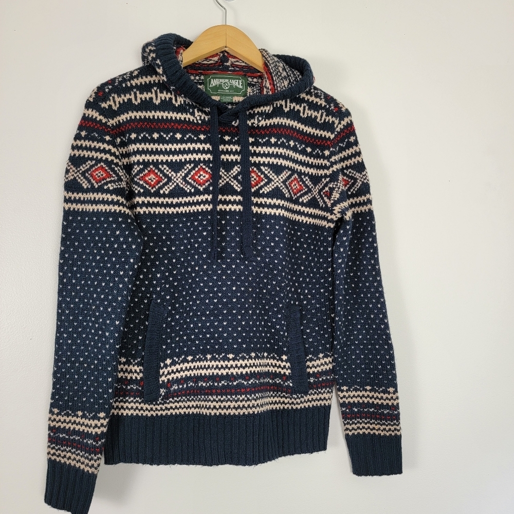 American Eagle Blue Sweater Nordic Pattern Hood Pullover XS Cabincore Vintage